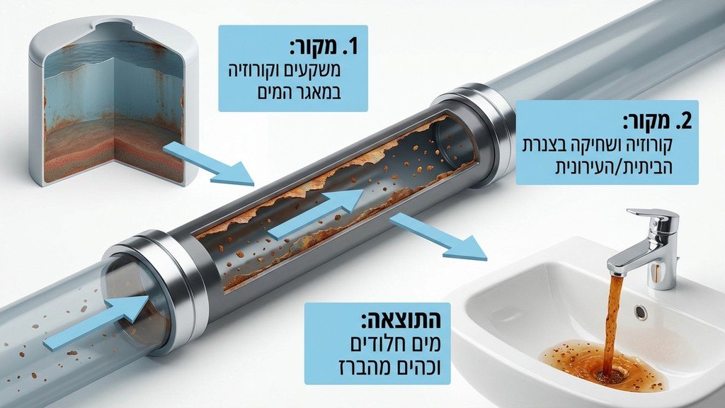 מים עם חלודה זורמים מברז